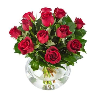 Dozen Roses in Glass Bowl