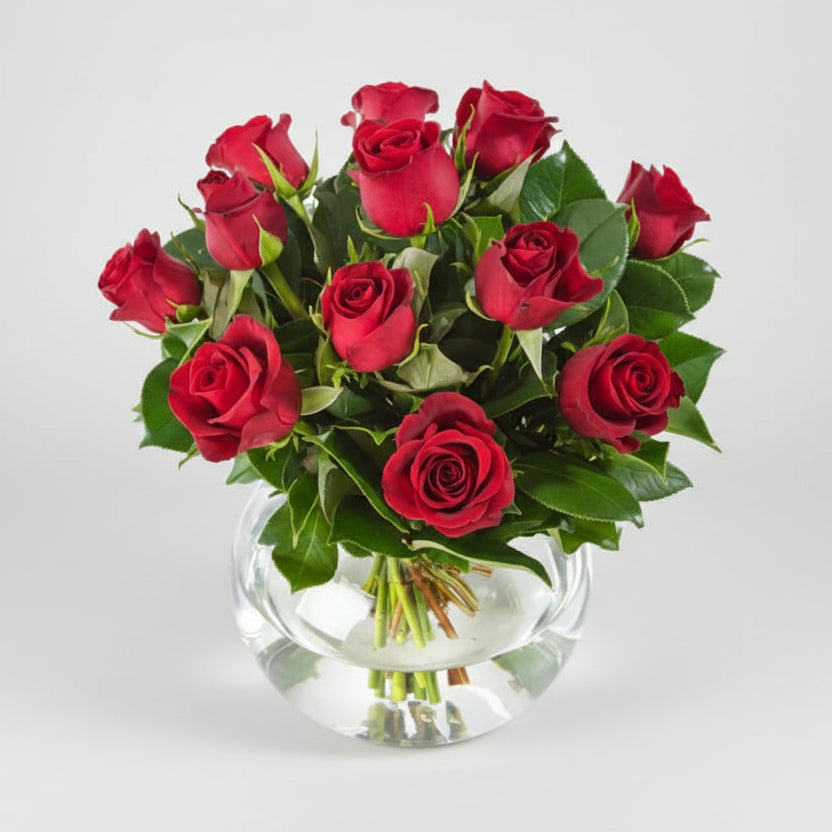 Dozen Roses in Glass Bowl